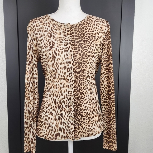 Peck & Peck Leopard Print Button Up Nylon Blouse Sizr Medium - Picture 2 of 6